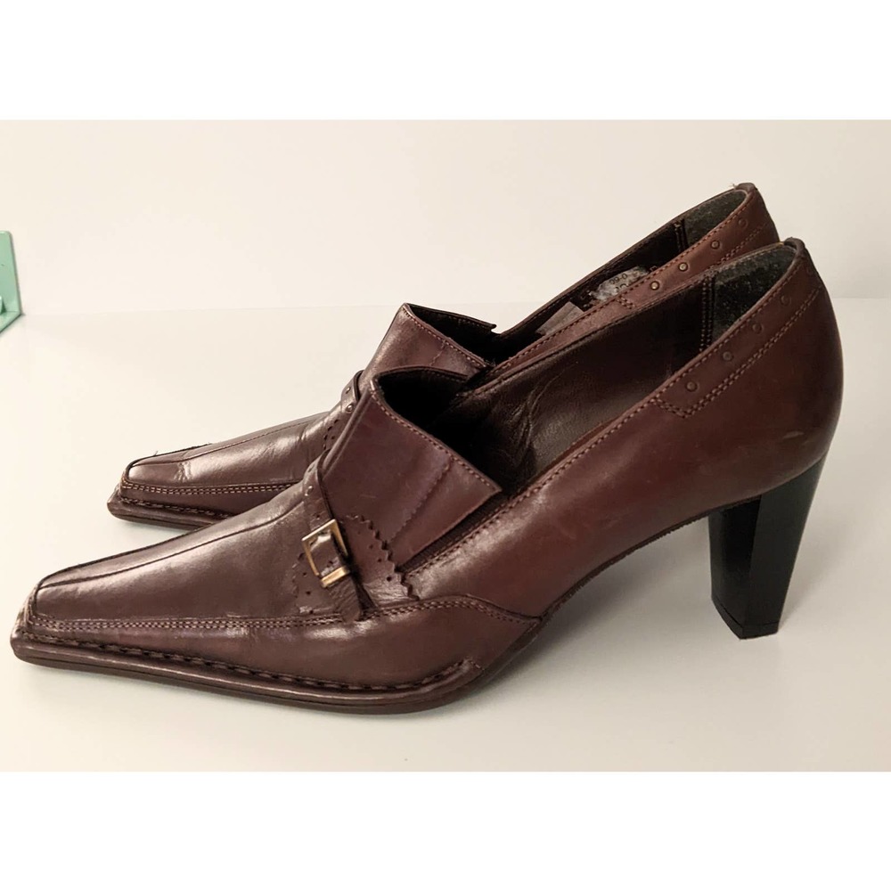 Kampgen Handmade 8.5 Brown Leather Buckle Heels Pumps Pointed Square Toe Women's - Picture 5 of 12